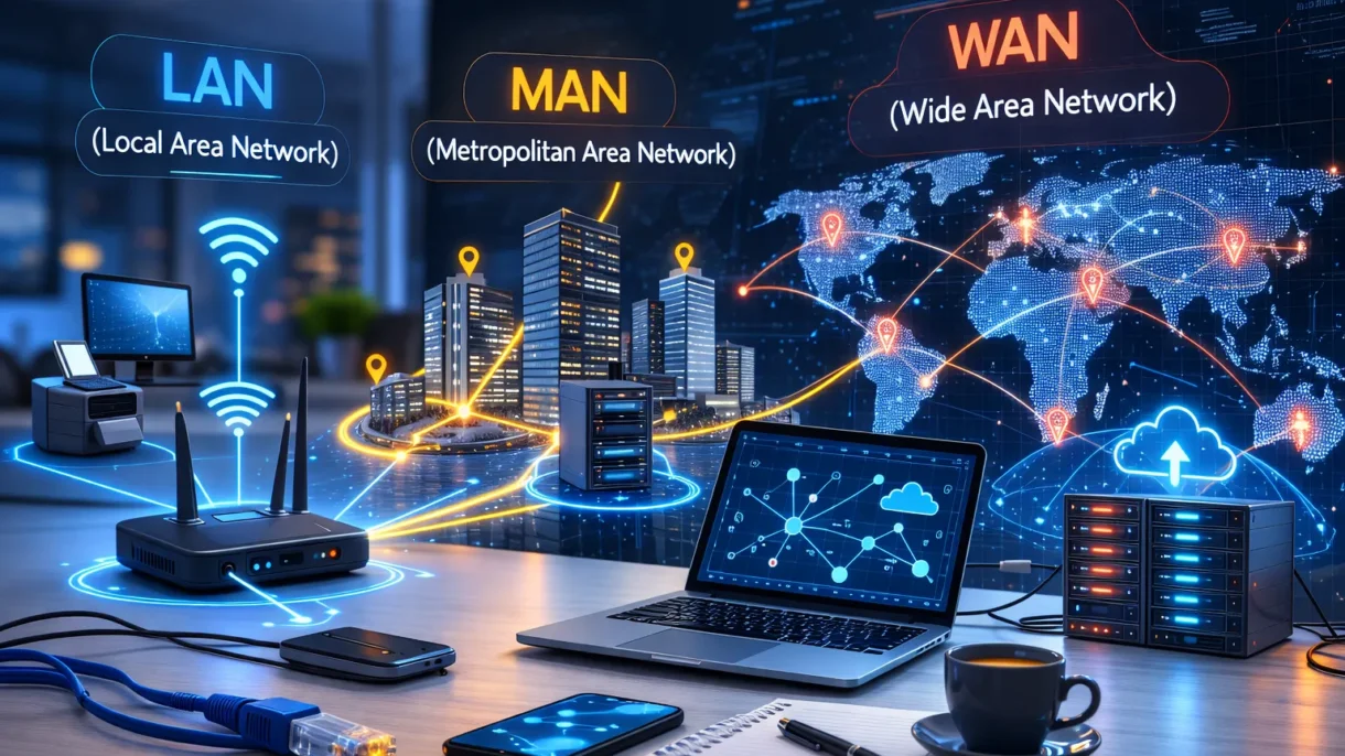 Difference Between LAN, MAN, and WAN, types of computer network​, different types of network​