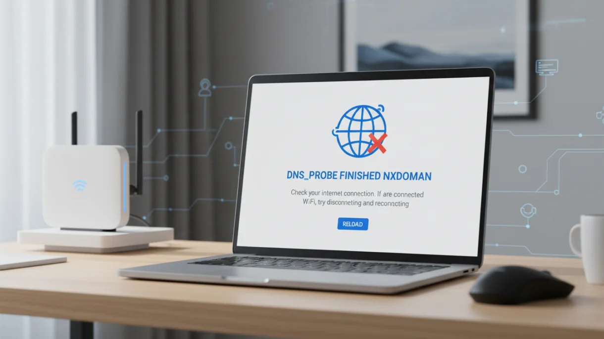 Laptop screen showing DNS_PROBE_FINISHED_NXDOMAIN error message in browser, with WiFi router on desk in modern workspace setup.